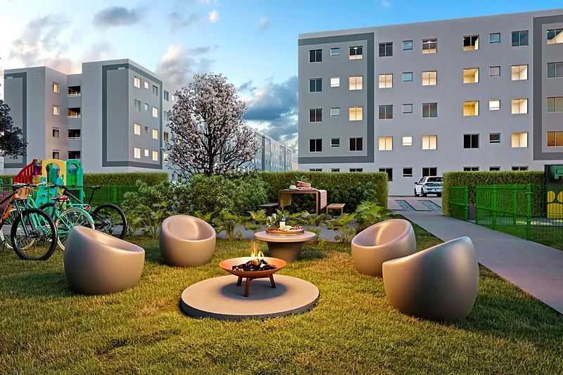 Espaço fogo com poltronas no Porto Mônaco